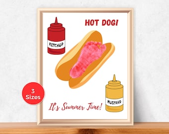 Hot Dog Footprint Art, Summer Footprint Craft, Kids Summer Activity, Summer Footprint Art, Preschool or Toddler Footprint, Camping Craft