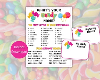 What's Your Candy Name Game + Name Tags, Printable Candy Party Game, Candy Bar Activity, Candy Party Idea, Birthday Party Ice Breaker Game