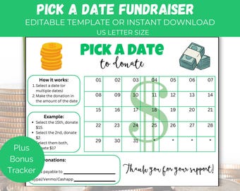 Editable All Purpose Pick A Date to Donate Fundraiser, All Purpose Fundraiser Calendar, Fundraising Form Template, Pay the Date