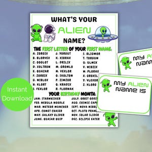 What&#39;s Your Alien Name Game + Name Tags, Printable Alien Birthday Party Game, Space Birthday Activity, Alien Party Game, Alien Baby Shower