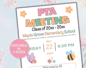 BEWERKBARE PTO PTA-sjabloon voor vergaderingsflyer mei, flyer voor vergadering vv/vv-informatie, seizoensgebonden pta-vergaderingsflyer, herinnering lente-pta-vergadering