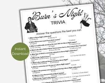 Burns Night Trivia Game, Printable Burns Night Quiz, Burns Night Party Games, Scottish Trivia, Robert Burns Celebration Activity