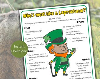 Who's The Most Like a Leprechaun, Printable St Patricks Day Activity for kids + adults, Fun St Patricks Party Game, Leprechaun Trivia