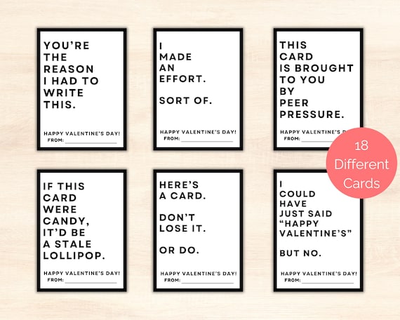 Funny Tween Valentine Cards, 18 Printable Funny Teen Valentines, Snarky Valentine Day Cards, Funny Classroom Valentines, Boy Valentine Cards