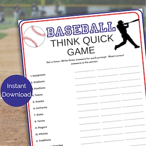 Baseball Think Quick, Baseball Themed Party, Baseball Birthday Game, Baseball Printable for Kids and Adults, Baseball Team Party Activity