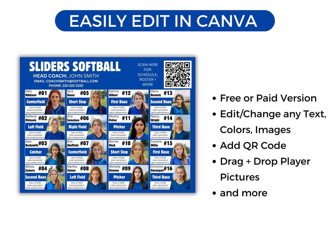 Editable 16 Player Team Roster Template, Customizable Travel Team ...