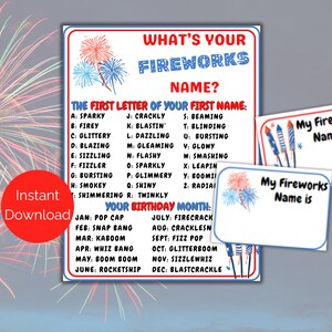 Puede incluir: Una hoja de actividad imprimible con un tema de fuegos artificiales rojo, blanco y azul. La hoja pregunta "¿Cuál es tu nombre de fuegos artificiales?" y enumera los nombres de los fuegos artificiales en función de la primera letra de tu nombre y tu mes de nacimiento. La hoja también incluye dos tarjetas en blanco "Mi nombre de fuegos artificiales es".