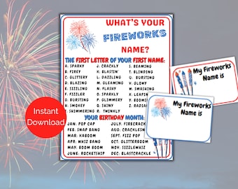 What's Your Fireworks Name Game + Name Tags, July 4th Printable Activity, Memorial Day Game, 4th of July Party Game, Independence Day Game