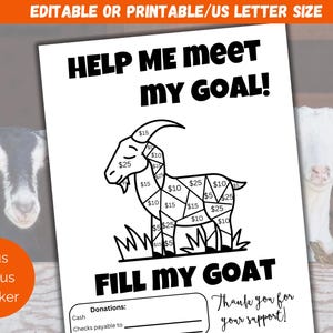 Op de afbeelding: Een zwart-witte, printbare fondsenwervingspagina met een geitenomtrek die is verdeeld in secties met dollarbedragen. De tekst "Help Me Meet My Goal!" staat bovenaan de pagina. De tekst "Fill My Goat" staat onder de geitenomtrek. De tekst "Thank you for your support!" staat onderaan de pagina.