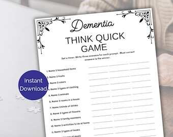 Dementia Myśl szybko, Myśl szybko Gra Pamięciowa, Gry Dementia, Gry Przełamujące Lody, Gra dla Starszych, Opiekun Wydruk