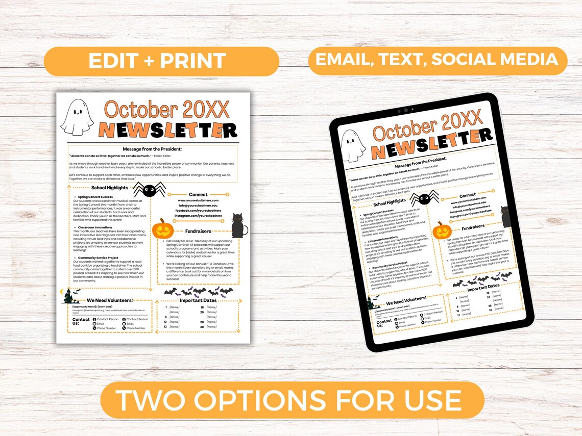 EDITABLE October PTO PTA Newsletter Template, Monthly Classroom October ...