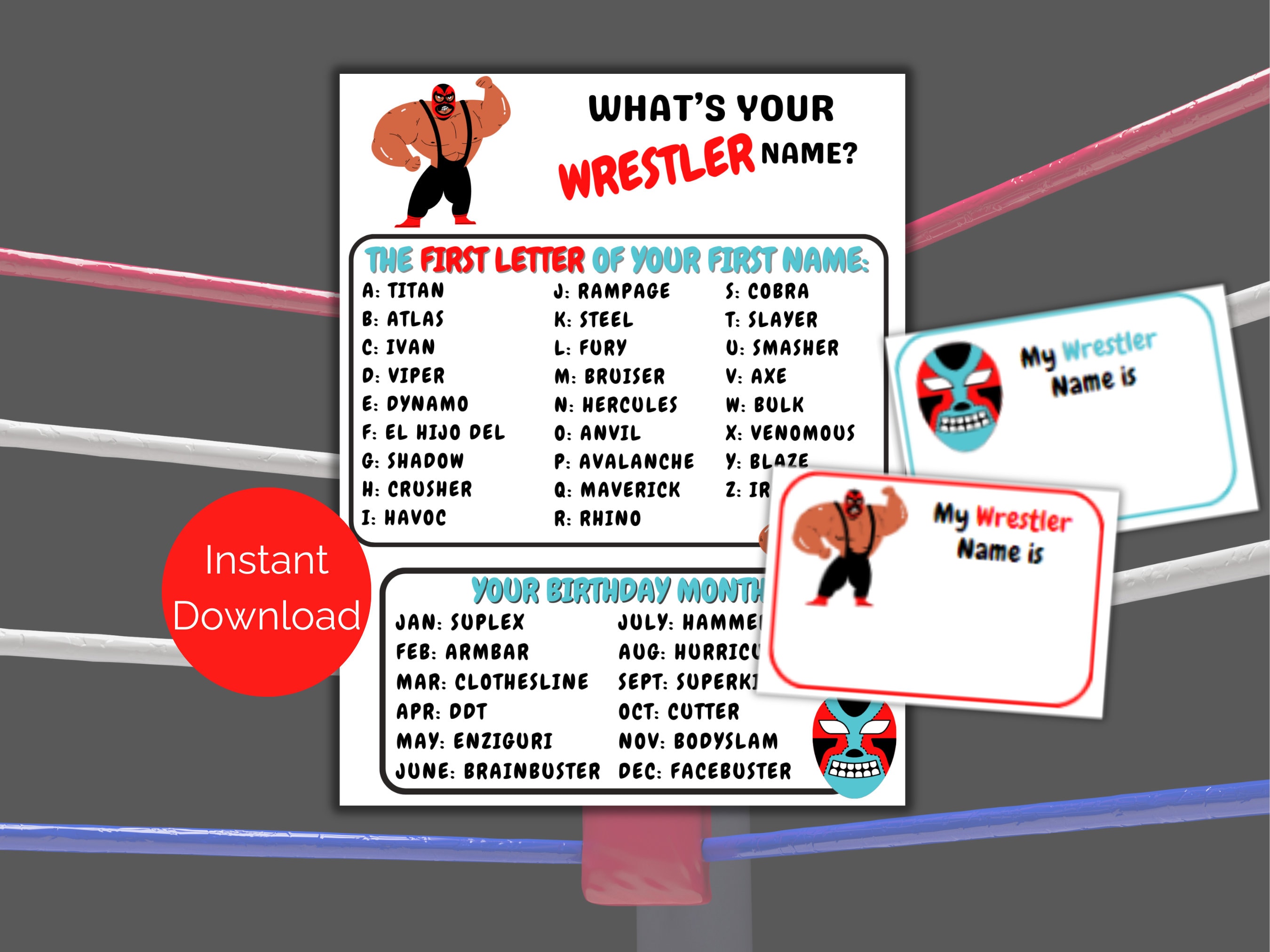 What's Your Wrestler Name Game Name Tags, Wrestling Birthday Party ...