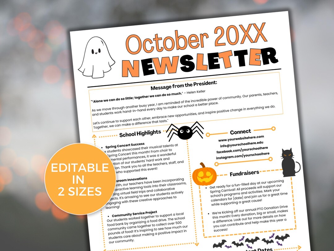 EDITABLE October PTO PTA Newsletter Template, Monthly Classroom October ...