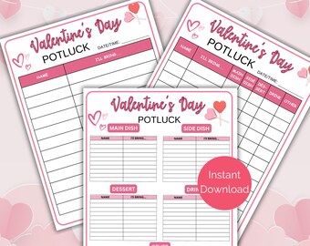 Valentines Day Potluck Sign Up Sheet, Printable Valentines Day Party Potluck Sign Up Form, Valentine Class Party Sign Up Sheet, Food Sign Up