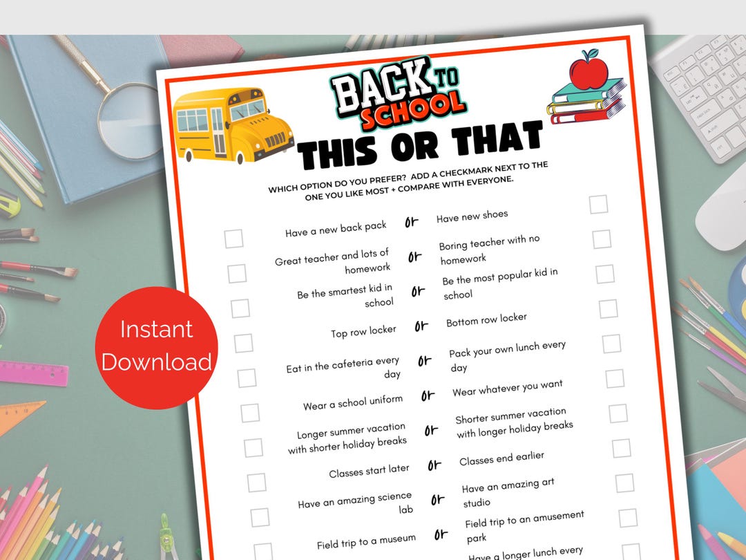 Back to School This or That Game, Printable First Day of School ...