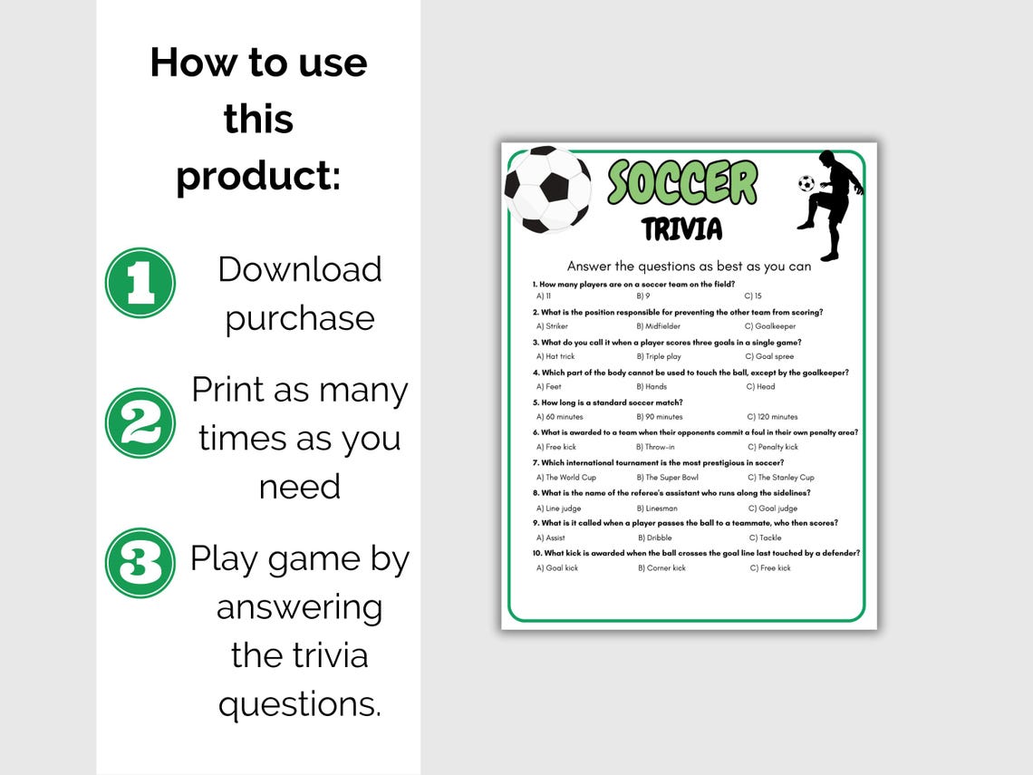 Soccer Trivia Game, Soccer Quiz, Printable Soccer Team Party Games