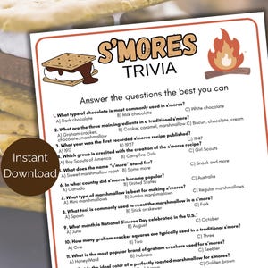 以下が含まれることがあります： キャンプファイヤーのおやつとして人気のあるスモアに関する11の質問からなる、印刷可能なスモア・トリビアゲーム。質問は、スモアの起源、材料、人気ブランドなど、さまざまなトピックを網羅しています。ゲームには、スモアと焚き火の漫画画像が描かれています。