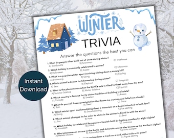 May include: A printable winter trivia game with questions about winter holidays, activities, and natural phenomena. The game features a cartoon snowman and a house with a snowy roof.