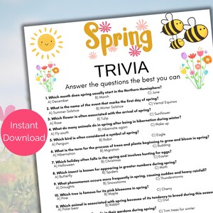 Frühlings-Trivia-Spiel, Frühlings-Quiz, Frühlingsaktivität für Kinder oder Erwachsene oder Klassenzimmer, Frühlingspartyspiel, Frühlingsdruckbares Spiel