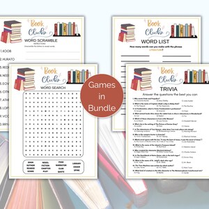 May include: A bundle of book club games, including word scramble, word list, word search, and trivia. Each game sheet features a stack of books and the words "Book Club." The bundle is labeled "Games in Bundle."