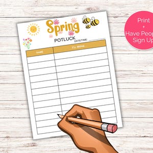 Peut inclure: Feuille de signature imprimable pour un potluck de printemps. La feuille est de couleur jaune et blanche avec un soleil dessin anim&eacute;, des fleurs et des abeilles. Le texte "Spring Potluck" est en grandes lettres grasses. La feuille comporte des colonnes pour les noms et ce que les gens apporteront.
