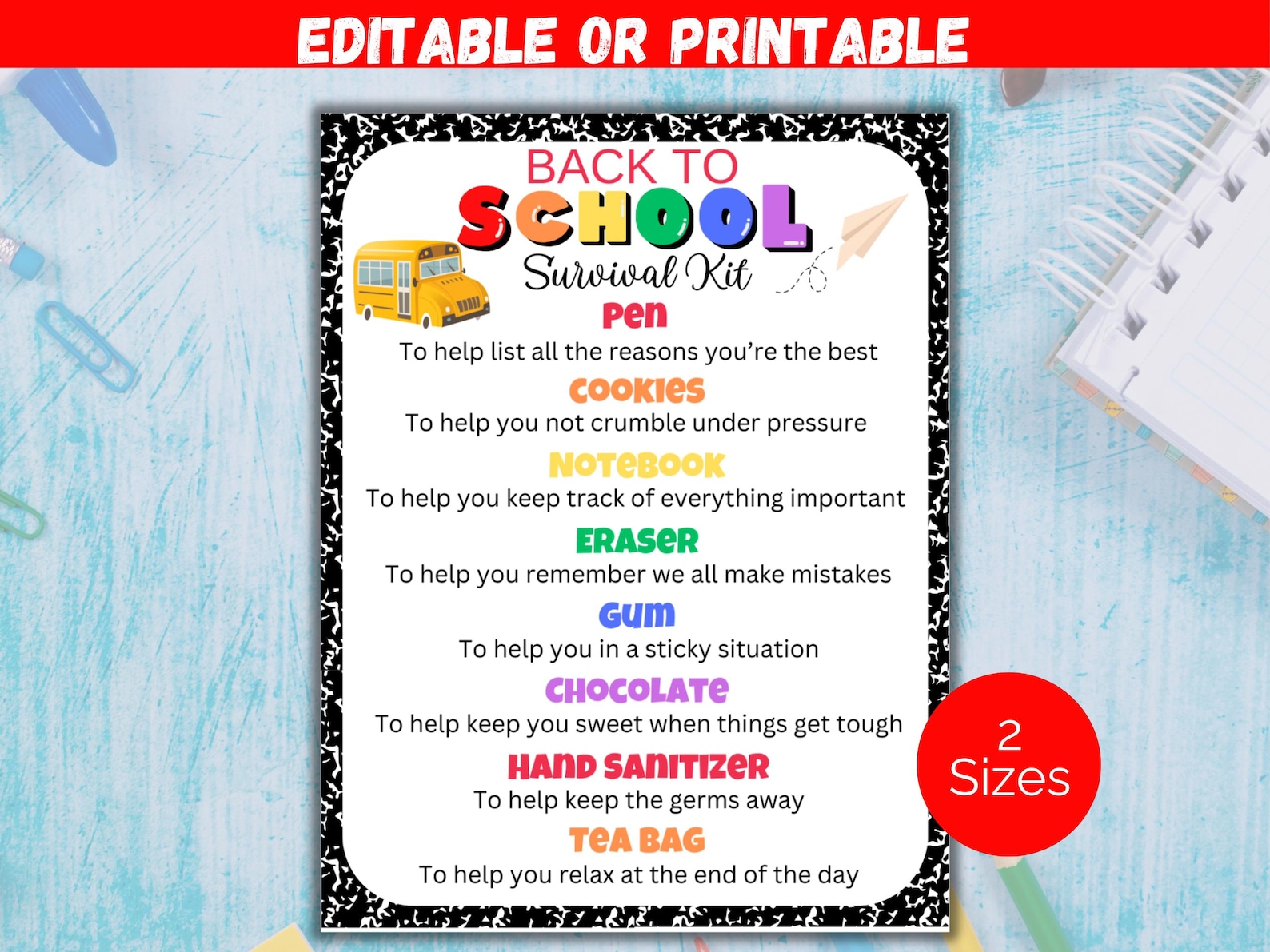 Editable Back to School Survival Kit Gift Tags, Back to School Gift Tag ...