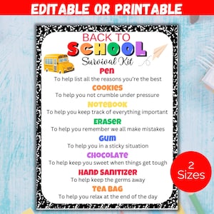 Editable Back to School Survival Kit Gift Tags, Back To School Gift Tag, First Day of School Gift Tag, Teacher Thank You Gift Tag