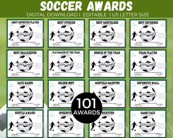 Certificados de premios de fútbol editables, 101 premios imprimibles para fiestas de fin de temporada, certificados de fútbol, premios superlativos de fútbol