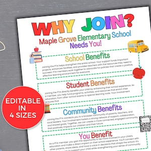 Peut inclure: Un flyer blanc avec le texte "WHY JOIN?" en lettres colorées. Le flyer fait la promotion de l'école élémentaire Maple Grove et énumère les avantages d'adhérer à la PTA, y compris les avantages scolaires, étudiants et communautaires. Un cercle rouge dit "EDITABLE IN 4 SIZES".