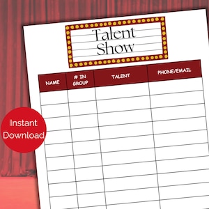 Talent Show-Anmeldeblatt, druckbare Talent Show-Anmeldeliste, Schultalentshow-Anmeldeformular, Talentshow-Anmeldeliste