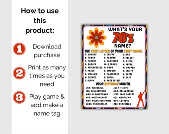 What's Your 70s Name Game + Name Tags, 70s Theme Birthday, Retro