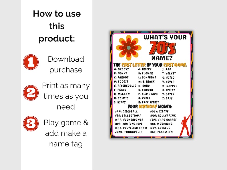 What's Your 70s Name Game + Name Tags, 70s Theme Birthday, Retro Party ...