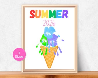 May include: A framed print featuring the word SUMMER in rainbow colors above the year 2026 in pink. Below, a tan waffle cone is topped with three handprint shapes in green, blue, and purple, resembling ice cream scoops. A pink circle says 3 Sizes.
