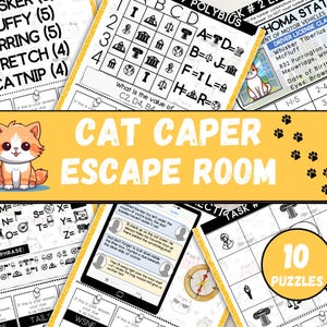 Può includere: Una raccolta di puzzle stampati per escape room a tema gatto. L'immagine centrale presenta un gatto dei cartoni animati e il testo "CAT CAPER ESCAPE ROOM". Vari fogli di puzzle includono messaggi codificati, una patente di guida e una bussola. Il set include 10 puzzle.