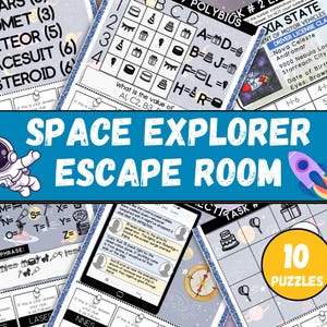 Puede incluir: Un conjunto de rompecabezas de sala de escape con temática espacial. La imagen presenta varias hojas de rompecabezas con texto, incluyendo "Space Explorer Escape Room" y "10 Puzzles". Los gráficos incluyen un astronauta, un cohete y otros elementos relacionados con el espacio.