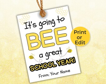 Étiquette modifiable abeille pour la rentrée scolaire, étiquette-cadeau imprimable pour la première journée d'école, étiquette de cadeau abeille pour la nuit de la rentrée scolaire, cadeau enseignant