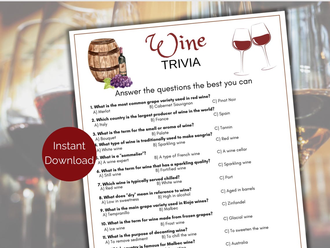 Wine Trivia Game, Wine Quiz, Printable Wine Party Game for Adults, Wine ...