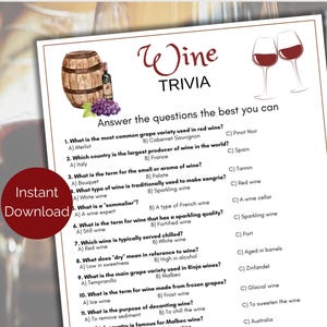 Wine Trivia Game, Wine Quiz, Printable Wine Party Game for adults, Wine + Cheese Party Game, Wine Tasting Icebreaker, Wine Themed Activity