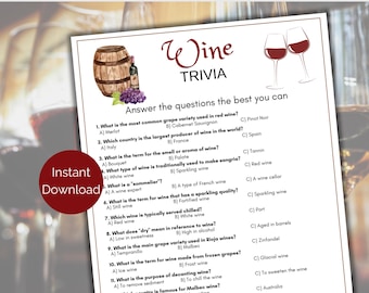 Jogo de perguntas e respostas sobre vinhos, Quiz sobre vinhos, Jogo imprimível para festa de vinhos para adultos, Jogo para festa com vinho e queijo, Quebra-gelo para degustação de vinhos, Atividade com tema de vinho