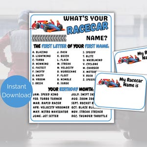 What&#39;s Your Race Car Name Game + Name Tags, Printable Race Car Birthday Game, Racing Name Generator, Race Car Party Activity