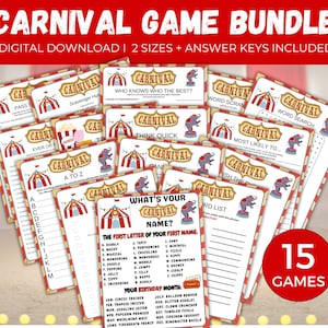 May include: A bundle of 15 carnival game cards, each with a red and white circus tent design and an elephant graphic. The cards include various games such as word searches and scavenger hunts. The text "CARNIVAL GAME BUNDLE" is displayed at the top of the image.