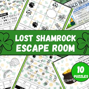 Könnte beinhalten: Eine Sammlung von druckbaren Escape-Room-Rätseln zum Thema St. Patrick's Day. Der Titel "Lost Shamrock Escape Room" wird auf einem grünen Banner angezeigt. Die Rätsel umfassen verschiedene Illustrationen und mathematische Probleme.