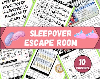 May include: A colorful image promoting a sleepover-themed escape room. The design features various puzzle elements, including a decoder, a phone with clues, and a circle with the text "10 PUZZLES". The title "SLEEPOVER ESCAPE ROOM" is prominently displayed.