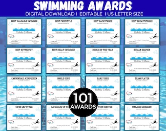 Op de afbeelding: Een digitale download van zwemawards, US letter size. De awards hebben een blauw-wit ontwerp met zwemgerelateerde graphics. De tekst bevat awardtitels zoals "Most Valuable Swimmer" en "Best Freestyle".