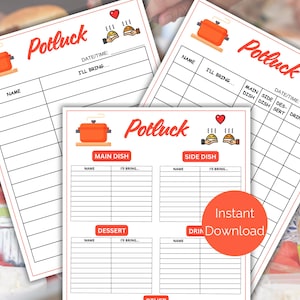 Potluck Sign Up Sheet, Printable Potluck Party Sign Up Form, Potluck Food Sign Up Sheet for office, church + more, Birthday Potluck Party