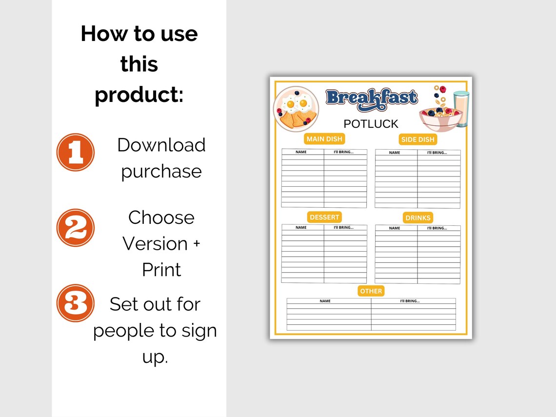 Breakfast Potluck Sign up Sheet, Printable Breakfast Potluck Sign up ...