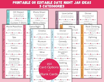 150 Date Night Cards, Printable Date Night Ideas, Date Night Jar Cards for Couples, Gifts for Couples or Anniversaries, Fun Date Night Idea