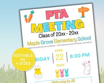 BEWERKBARE PTO PTA-sjabloon april vergadering flyer, PTO/pta informatie vergadering flyer, seizoensgebonden pta vergadering flyer, lente pta vergadering flyer