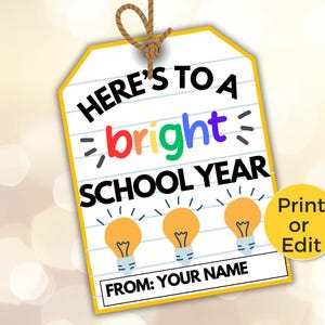 Etiqueta editable &quot;Por un año escolar brillante&quot; para el regreso a clases, etiquetas de regalo imprimibles para el primer día de clases, etiqueta de bienvenida para maestros o estudiantes