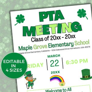 EDITABLE PTO PTA March Meeting Flyer Template, Pto/Pta Information Meeting Flyer, Seasonal  pta Meeting Flyer, St Patricks Pta Meeting Flyer